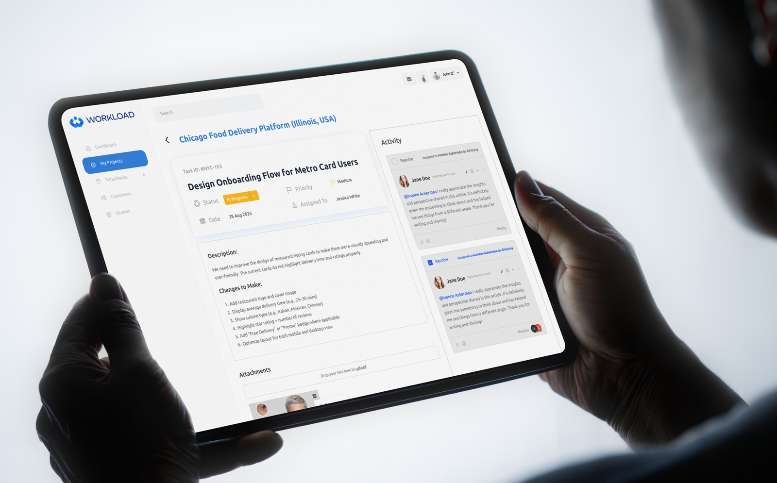 Workload task management dashboard on tablet
