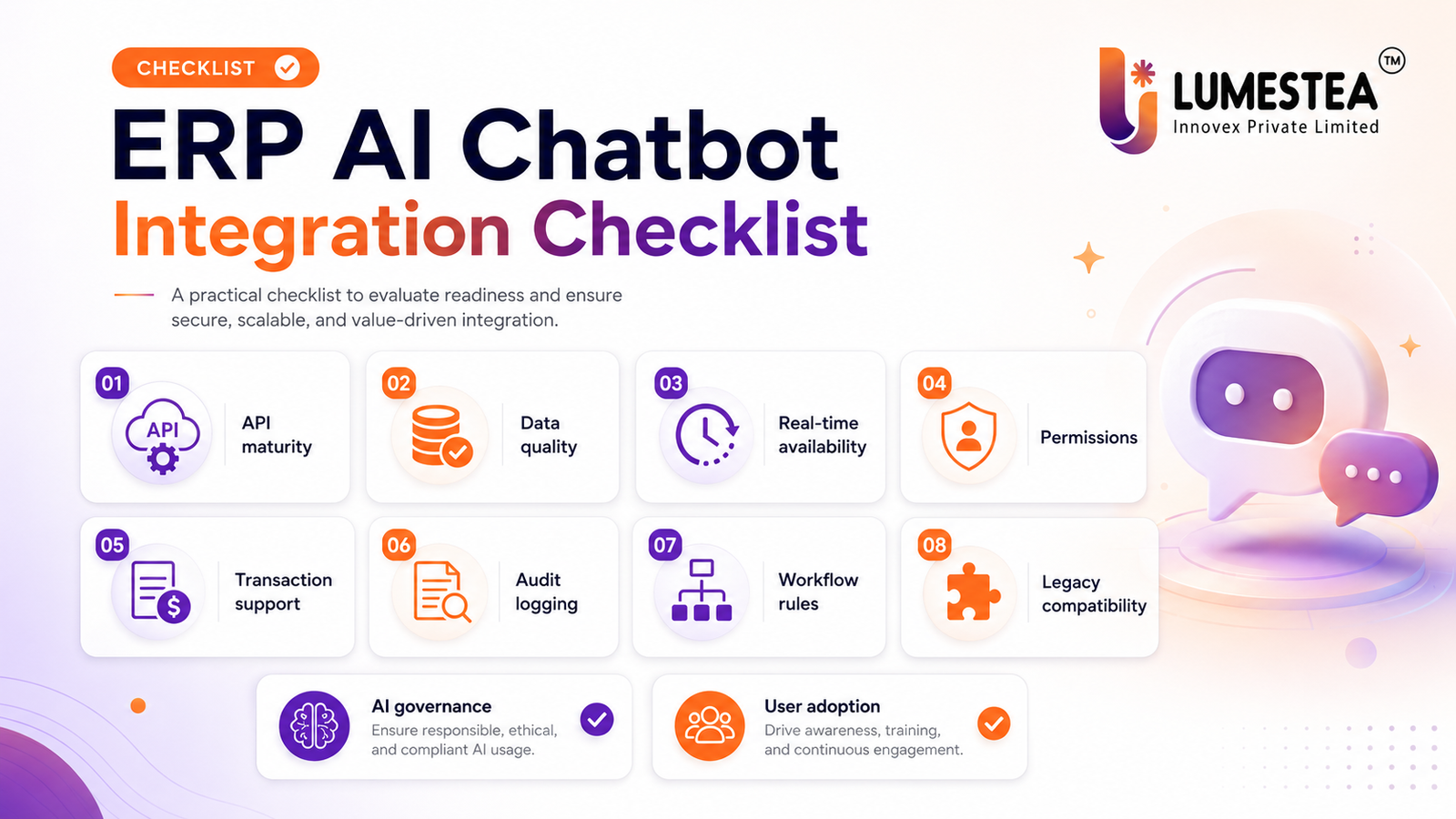 ERP AI Chatbots in 2026: Features, Use Cases, Benefits, and Deployment Roadmap for Smarter Enterprise Operations 236 ERP AI chatbot integration checklist covering API maturity data quality permissions audit logging and AI governance