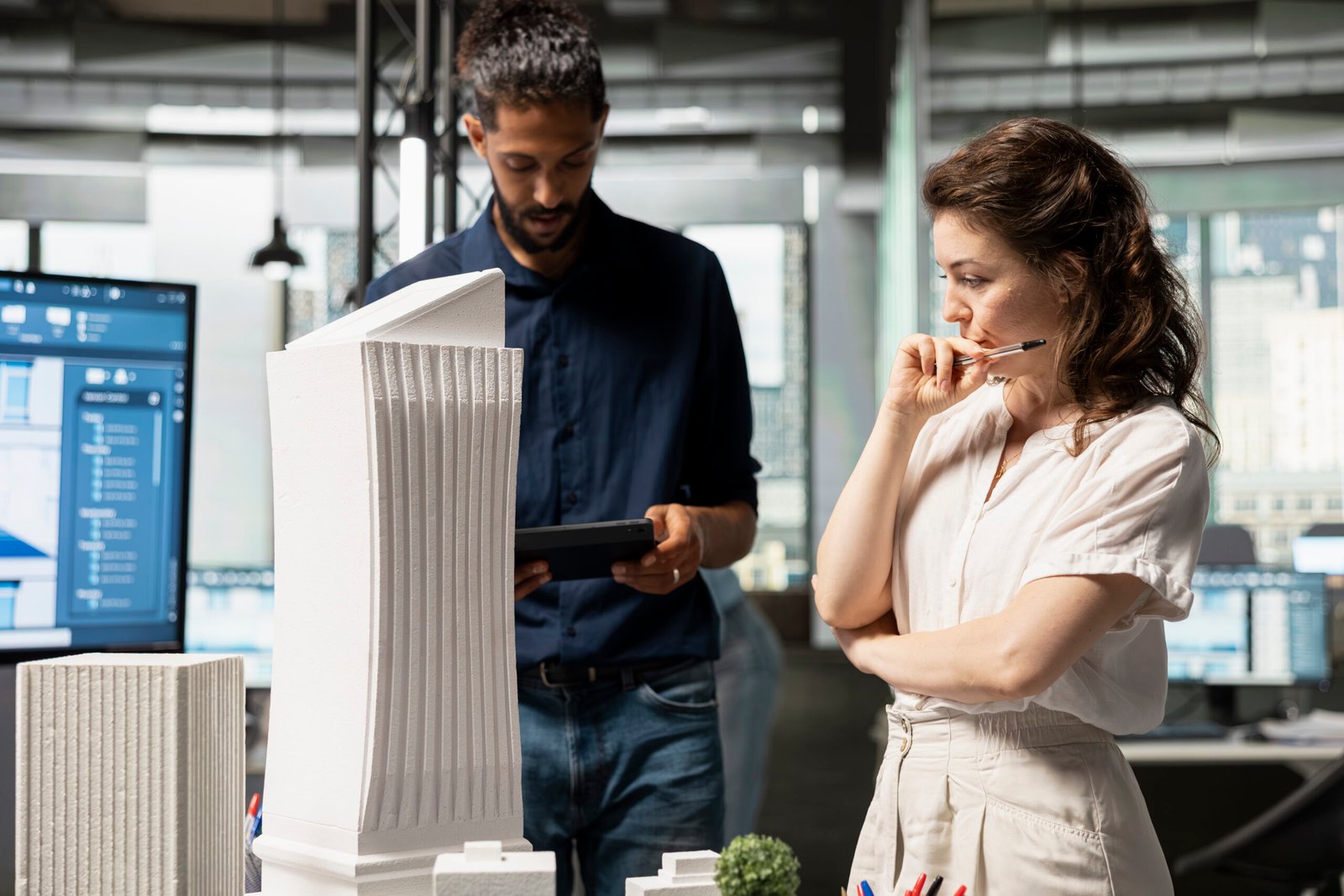 diverse real estate developers reviewing smart city design buildings layout city planning scaled