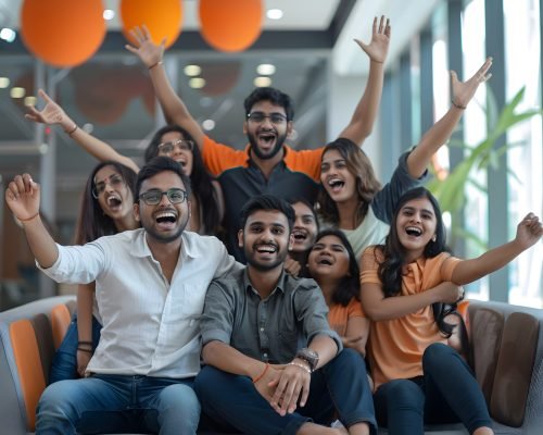 group happy indian business people celebrating success office scaled